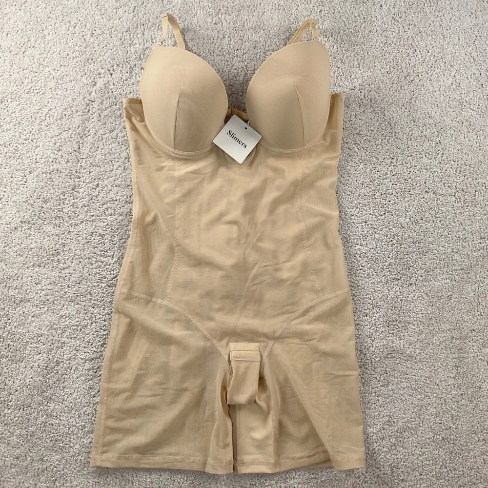 Slimers Nude U Plunge Neckline Full Body Shapewear Bodysuit MidThigh Slimmer NEW